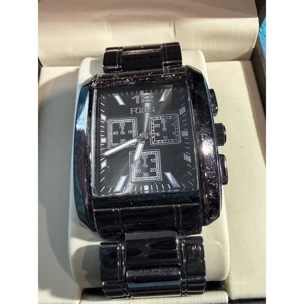 Folio Mens Black Rectangular Dial‎ Watch Textured Metal Link Bracelet with Box